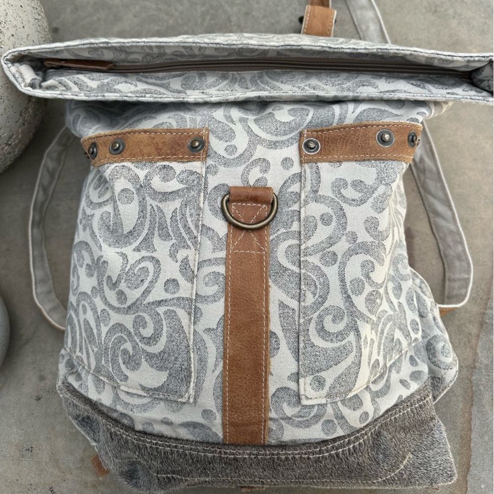 Myra Bag Floral Fold-over Upcycled Backpack Bag with Cowhide READ